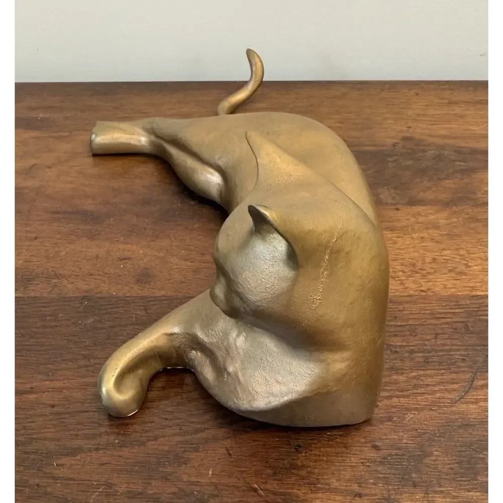 Vintage Solid Brass Reclining Cat Sculpture 11.25
